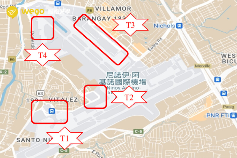 馬尼拉機場 NAIA Airport 四個航廈位置圖
