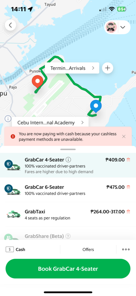 Grab 預估費用畫面
