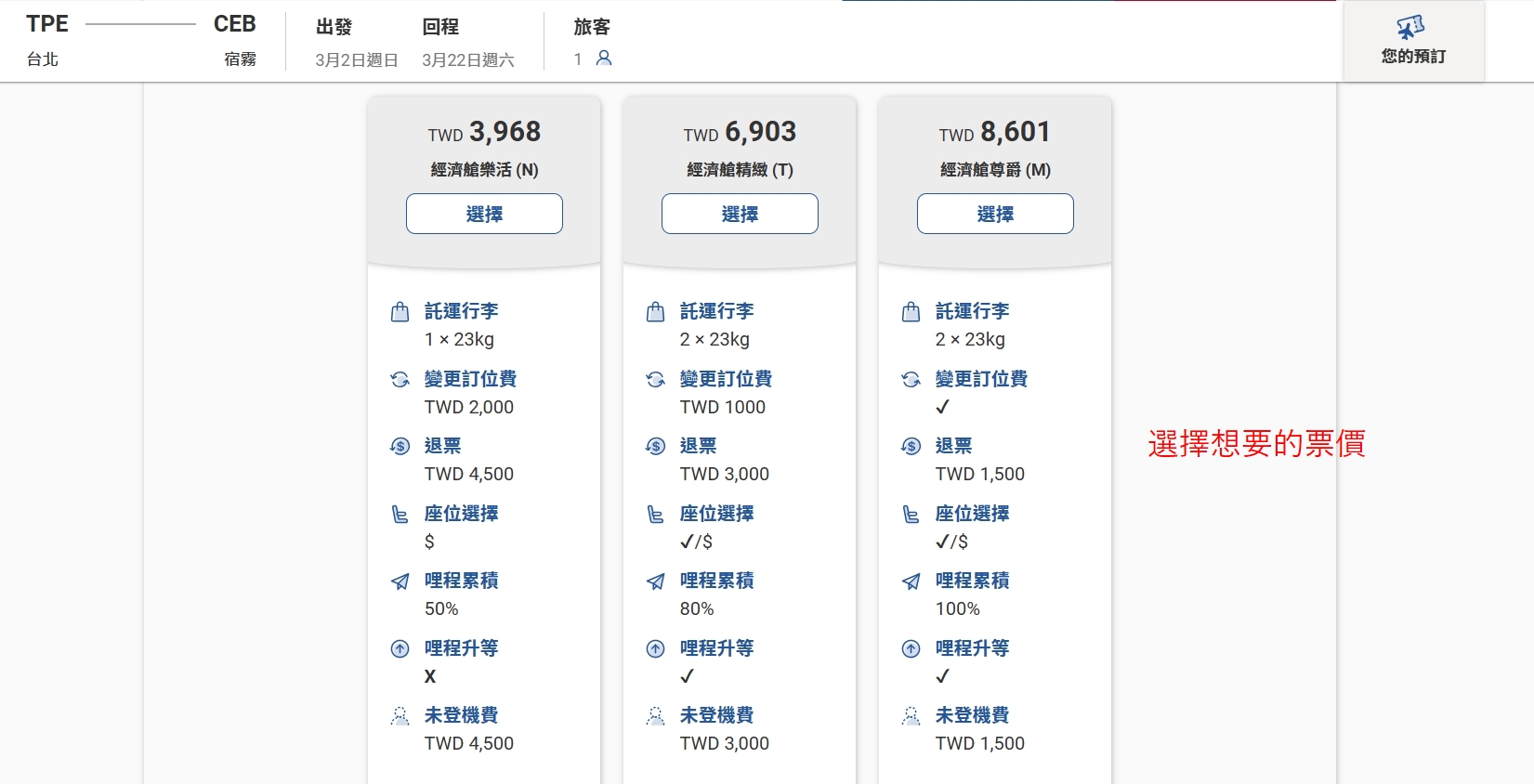 中華航空訂票教學 Step2 確認航班詳細票價規則