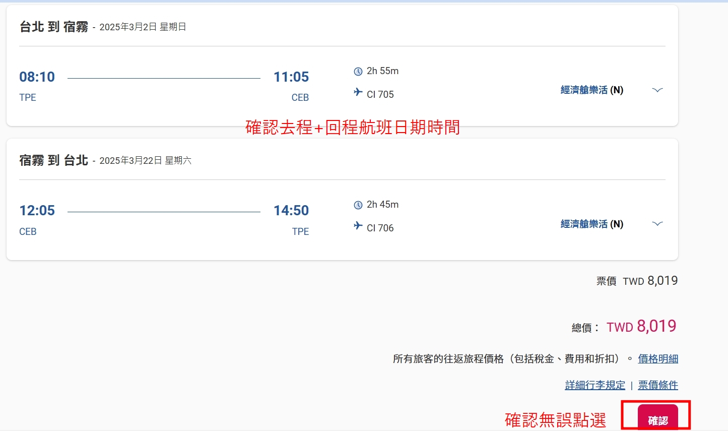 中華航空訂票教學 Step2 總覽去回程行程與費用